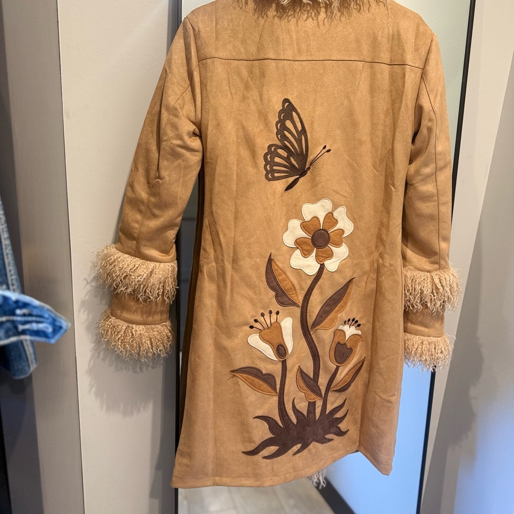 Tan Faux Fur Trim Penny Lane Vintage 60s 70s Inspired Coat Halloween - Picture 3 of 8